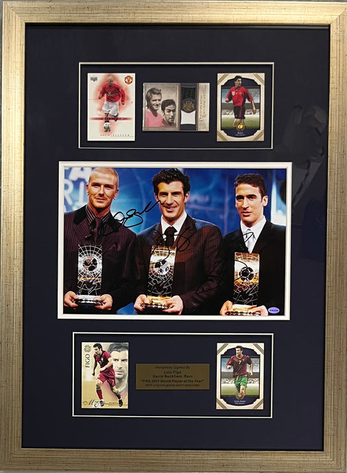 Beckham, Figo & Raul signed FIFA 2001 photo & swatch
