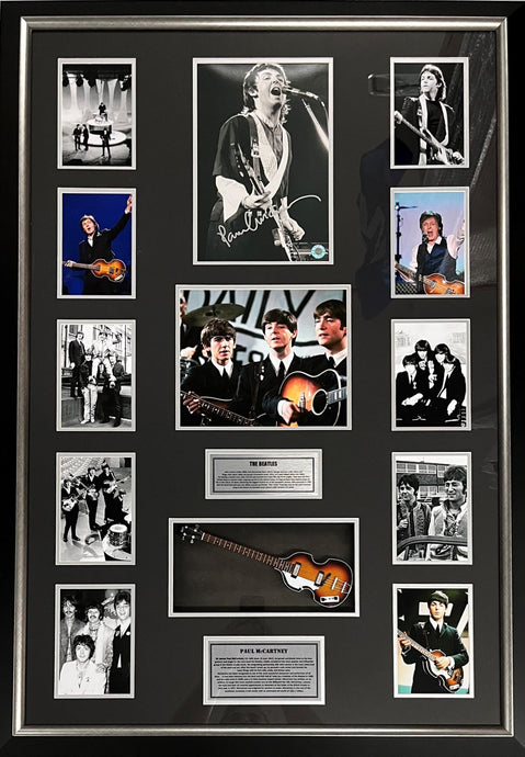 Paul McCartney signed Beatles photo and mini guitar display