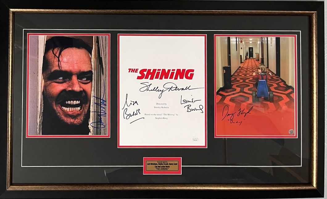 THE SHINING - Jack Nicholson, Shelley Duvall, Danny Lloyd, Lisa & Louise Burns Signed Photos & Script Page Display
