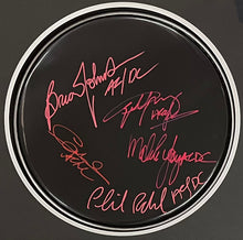 Load image into Gallery viewer, ACDC - ANGUS YOUNG, BRIAN JOHNSON, MALCOLM YOUNG, CLIFF WILLIAMS &amp; PHIL RUDD Signed Drumhead &amp; LP Display
