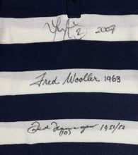 Load image into Gallery viewer, Unframed FRED FLANAGAN, FRED WOOLLER &amp; TOM HARLEY Signed “1951/52, 1963, 2007/09” Premiership Captains” Geelong Jumper
