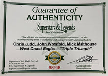 Load image into Gallery viewer, CHRIS JUDD, JOHN WORSFOLD &amp; MICK MALTHOUSE Signed “West Coast Eagles Triple Triumph&quot; Lithograph Display
