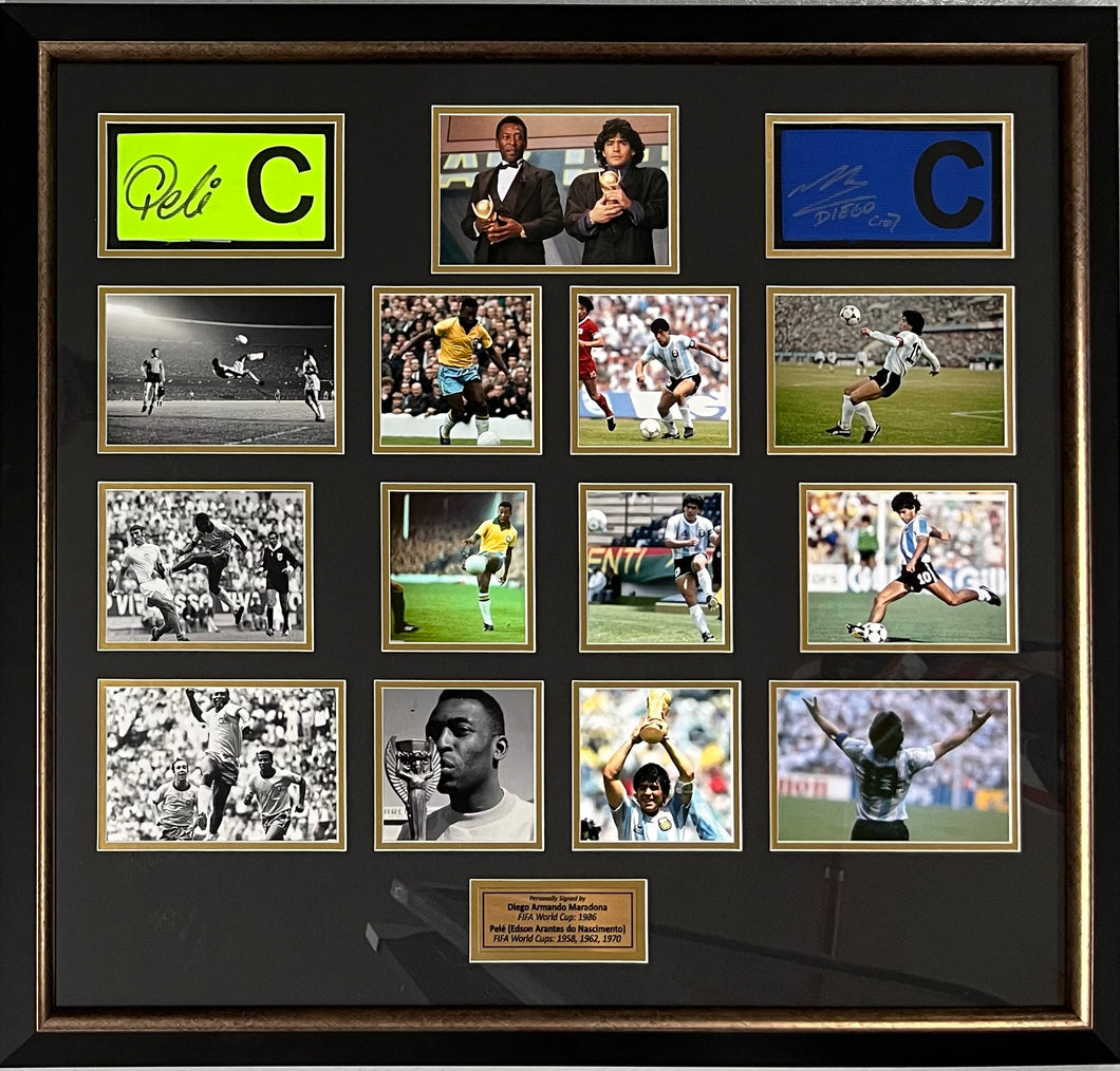 PELE & DIEGO MARADONA Signed Captain Armbands & Photo Collage Display