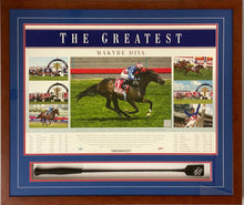 Load image into Gallery viewer, MAKYBE DIVA - Glen Boss Signed Whip &amp; 3-Peat Melbourne Cup Print Display
