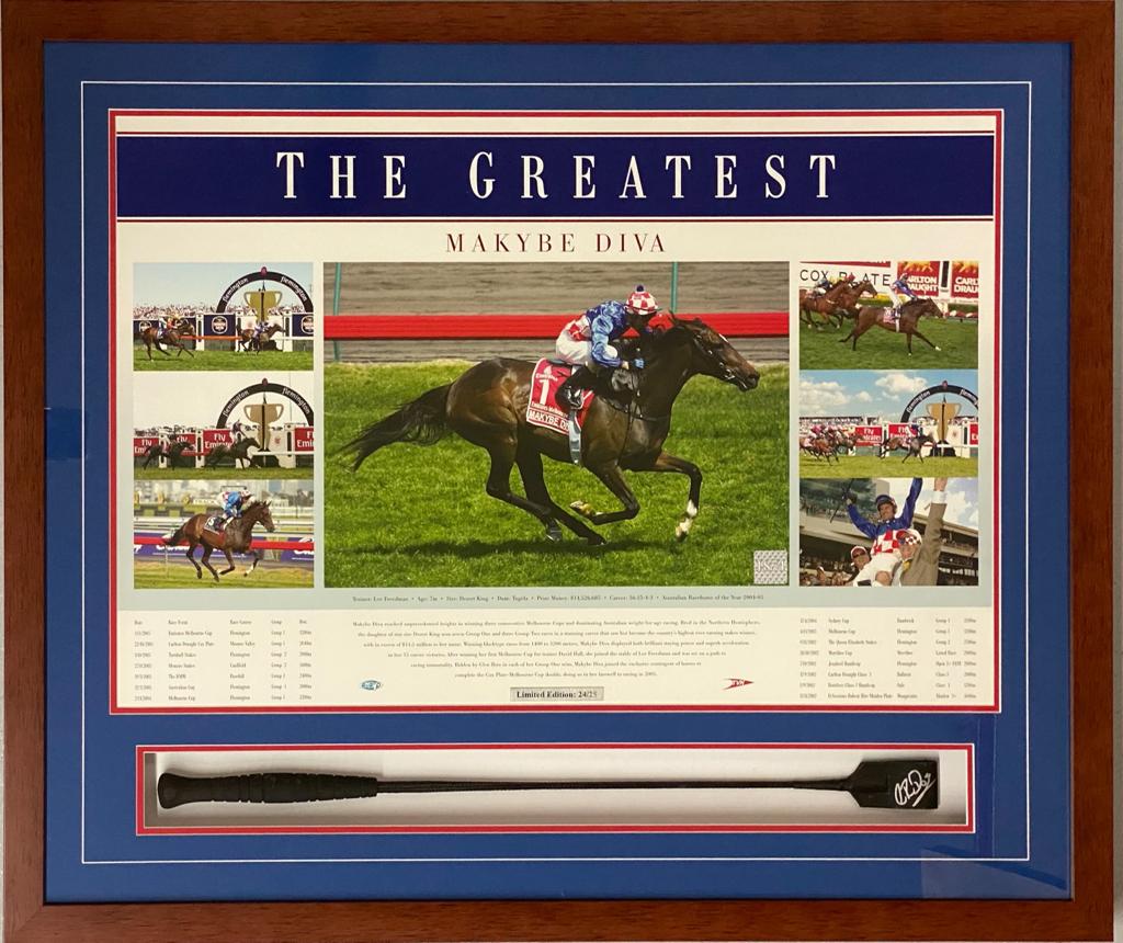 MAKYBE DIVA - Glen Boss Signed Whip & 3-Peat Melbourne Cup Print Display