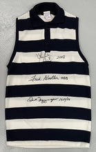 Load image into Gallery viewer, Unframed FRED FLANAGAN, FRED WOOLLER &amp; TOM HARLEY Signed “1951/52, 1963, 2007/09” Premiership Captains” Geelong Jumper
