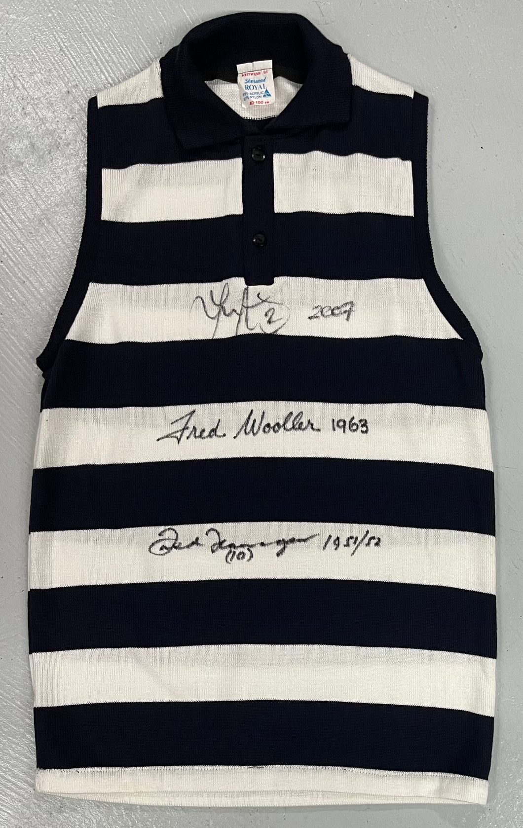 Unframed FRED FLANAGAN, FRED WOOLLER & TOM HARLEY Signed “1951/52, 1963, 2007/09” Premiership Captains” Geelong Jumper