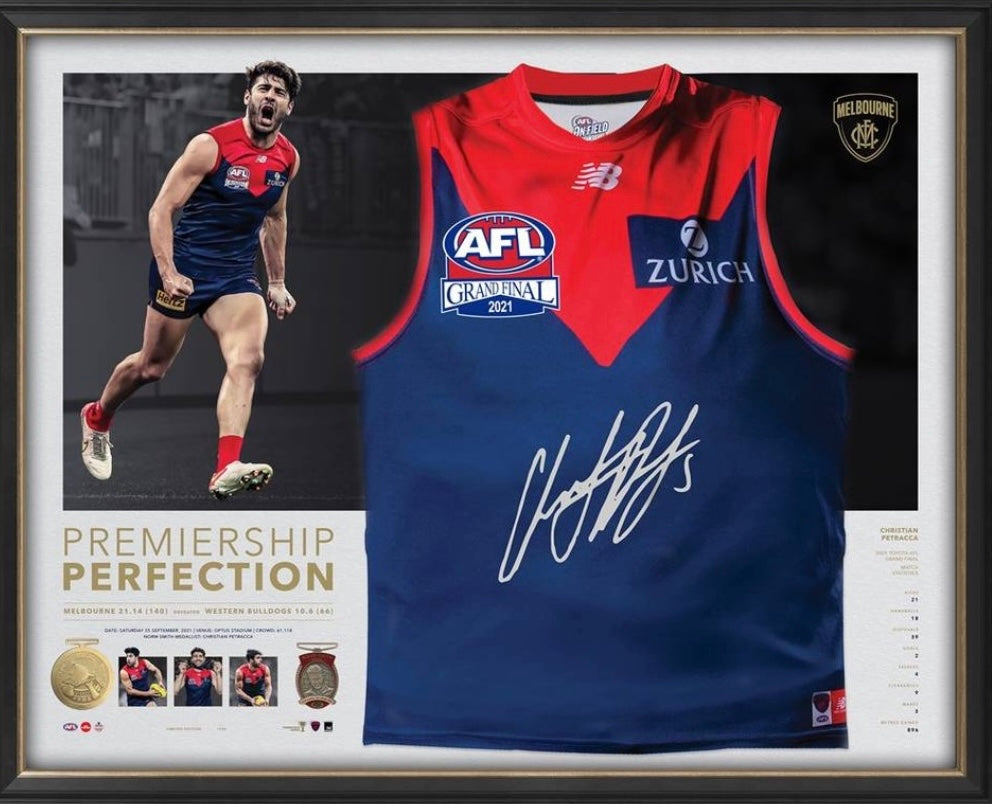 CHRISTIAN PETRACCA “Premiership Perfection” Signed 2021 Premiers Jumper Display