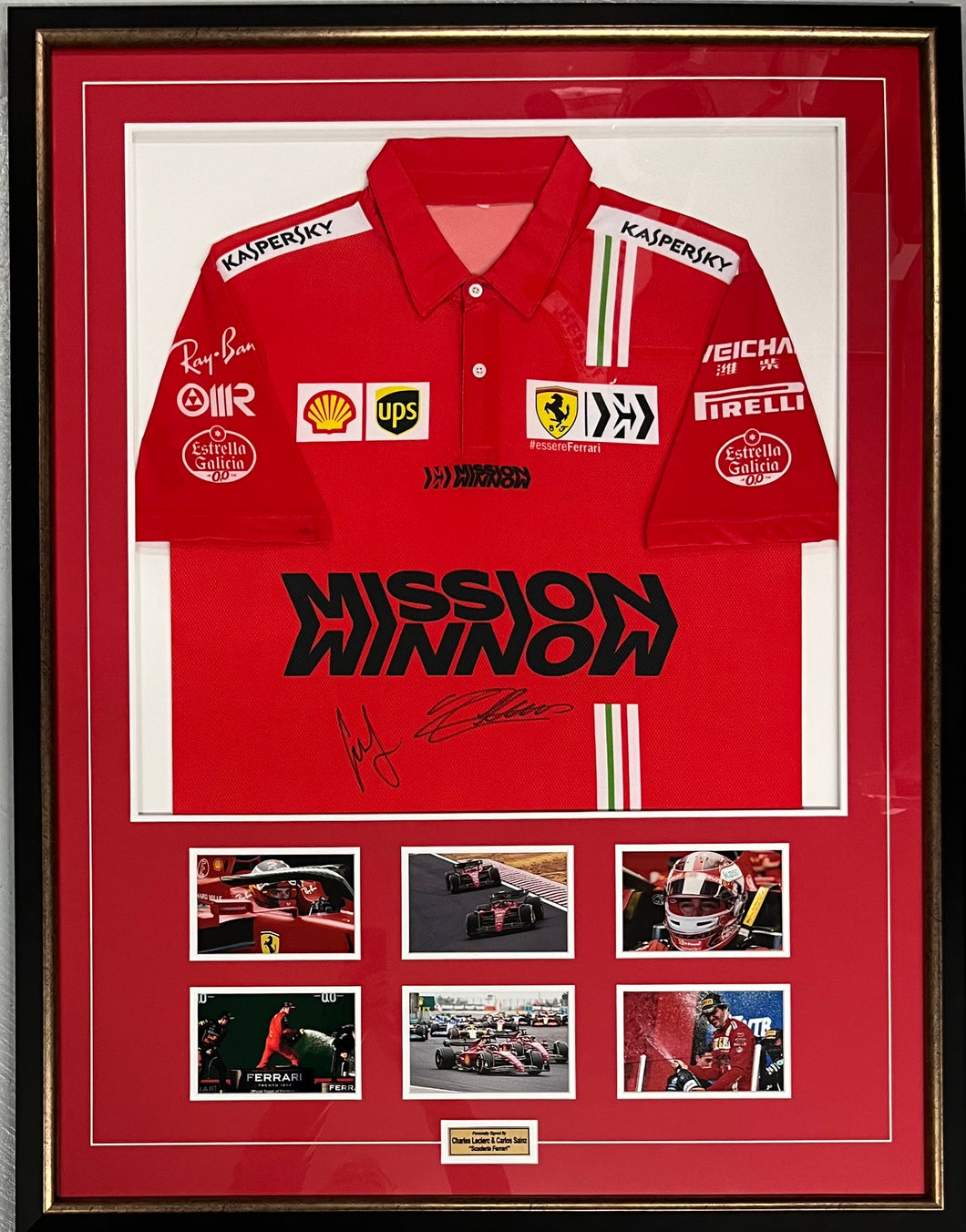 CHARLES LECLERC & CARLOS SAINZ Signed F1 Scuderia Ferrari Shirt Display